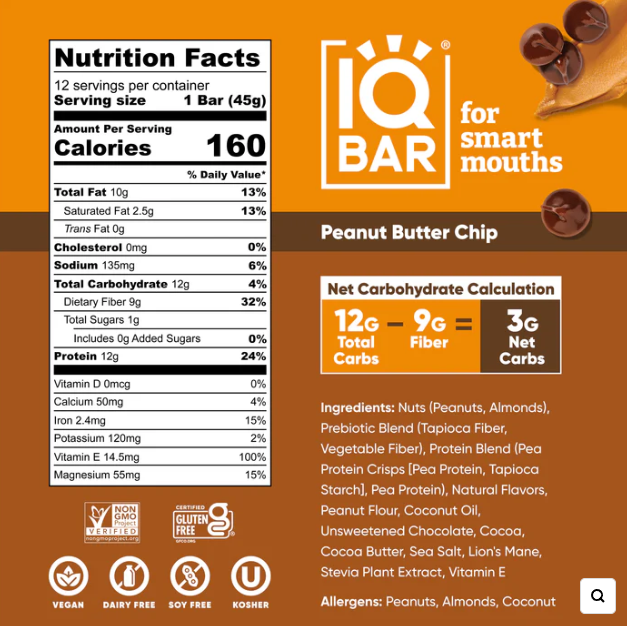 Peanut Butter Chip Protein Bars | IQBAR | 12 Bars