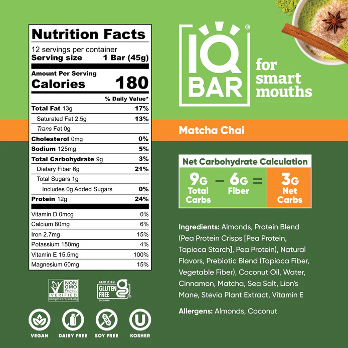 Matcha Chai | 12 Plant Protein Bars | IQBAR